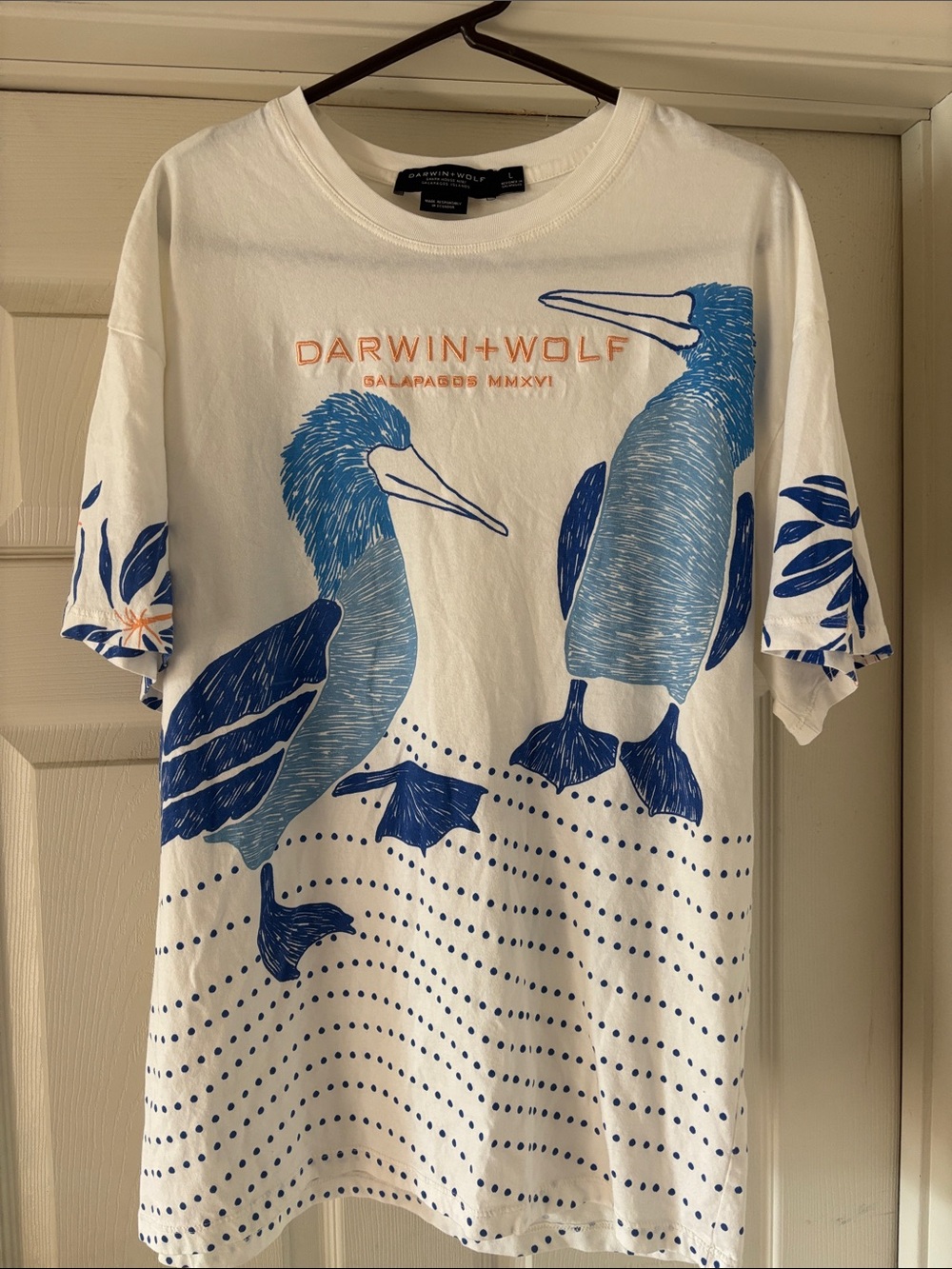 White Short-Sleeve Graphic Shirt with Blue Bird Motif